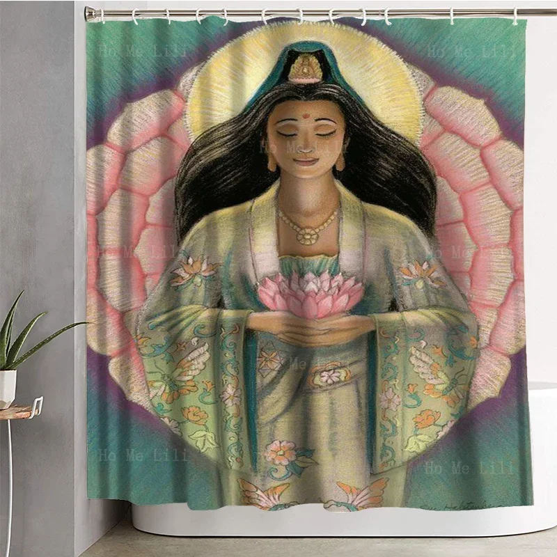 Guanyin Pink Lotus Heart And Dunhuang Beauty Shower Curtain By Ho Me Lili For Bathroom Decor