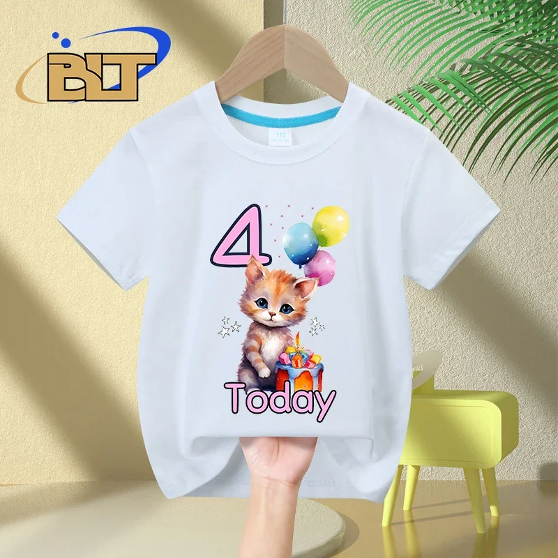 4-jarig Meisje Verjaardag T-Shirt Schattig Kattenprint Kids Zomer Katoenen Nieuwigheid Met Korte Mouwen