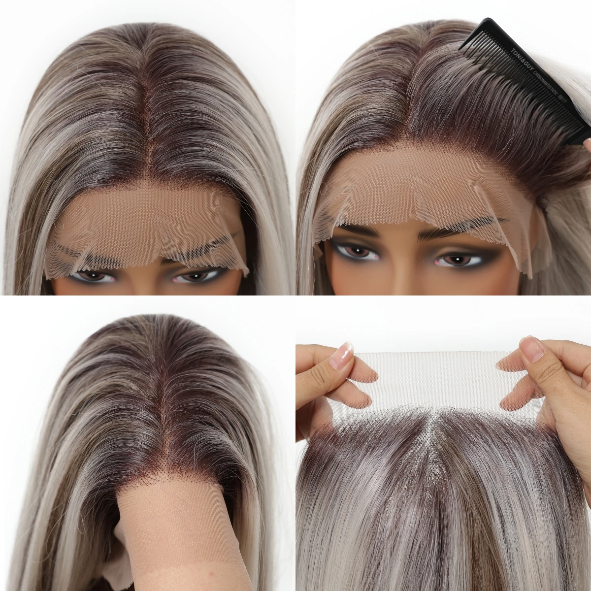 HAIRCUBE 13*6 Lace Frontal Straight Wigs Platinum Highlight Synthetic Wigs With Dark Roots Pre Plucked Hair For Women Cosplay