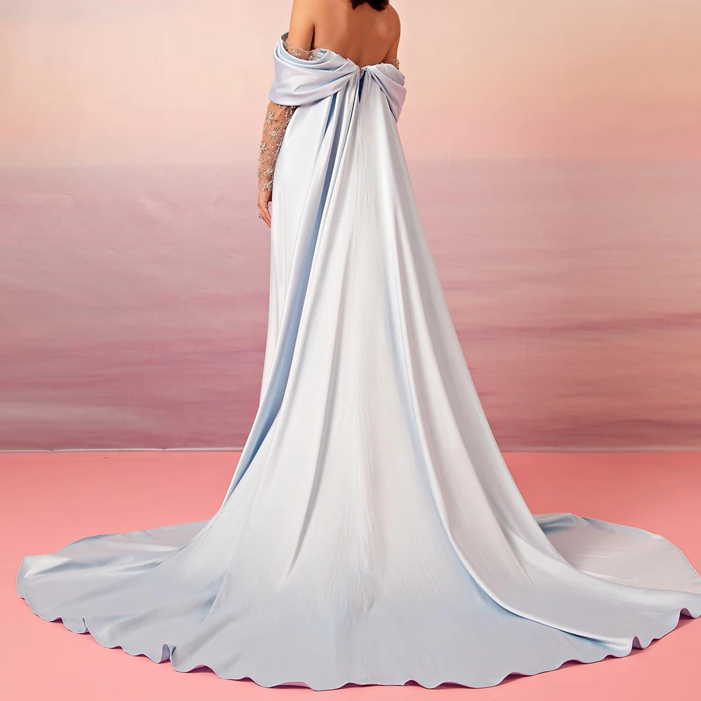 Customized Graceful Satin Straight Off the Shoulder Crystal Evening Dress Strapless Long Sleeves Floor Length Panel Train