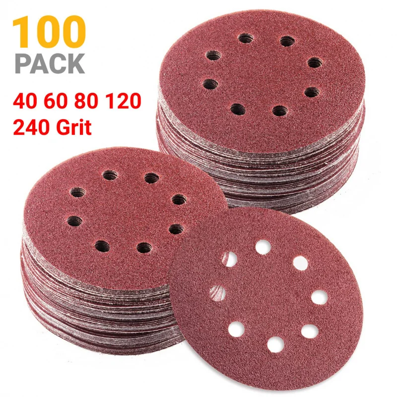 100pcs-set 20sets-carton 5-Inch 8-Hole Hook Loop Orbital Sander Paper 40-240 Grit Sanding Discs Abrasive Tools for Smooth Finish