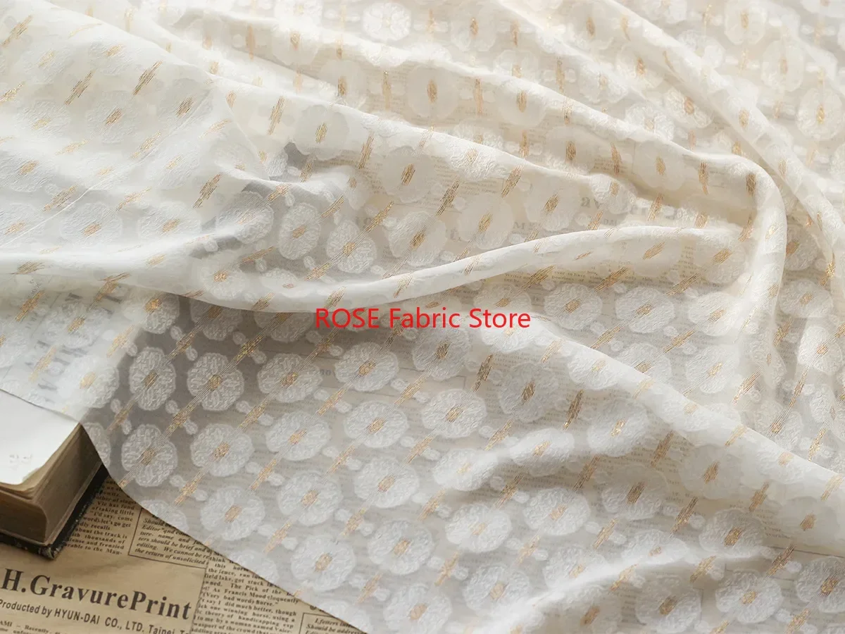 

Gold Silk Dots Embroidery Chiffon Fabric Flower Jacquard Tulle Fabric For Clothing Dress, Party Dress, Lace Top, Designer fabric