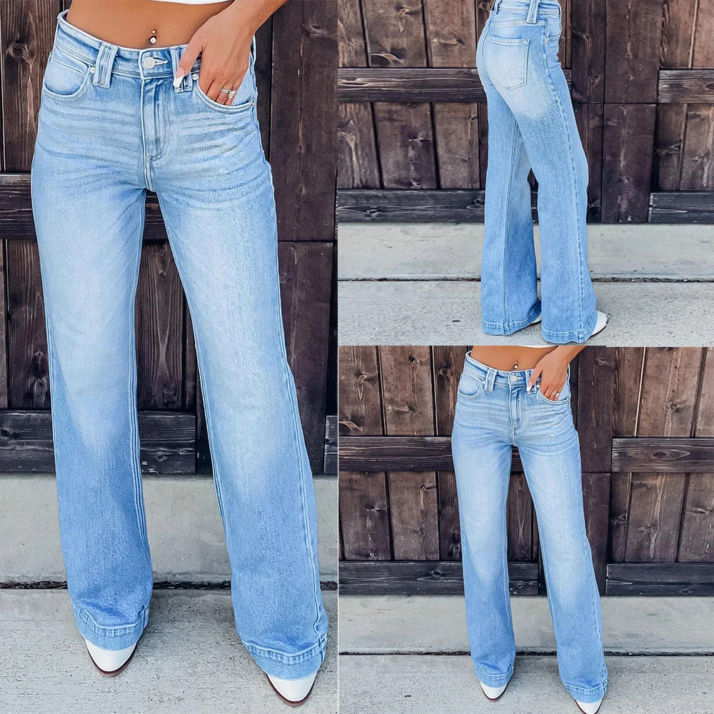 Jeans Denim Pant Women Long Pants Bodycon Button Pocket Splice Straight Trousers Solid Y2k Blue Mom Mid Waist Slim Streetwear