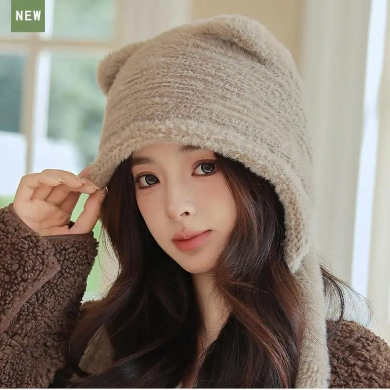 Winter Hats For Women Cartoon Bear Knitted Korean Cute Beanie Baggy Cap With Rope New Girls