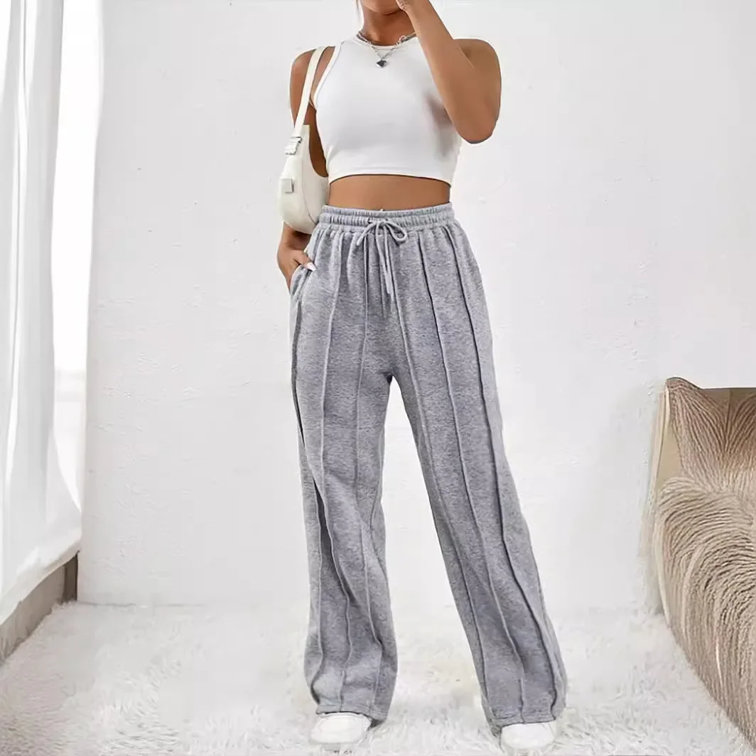 2024 Amazon Cross-Border European Women's Fashion Casual Straight-Leg Sweatpants With Drawstring Vertical Stripes