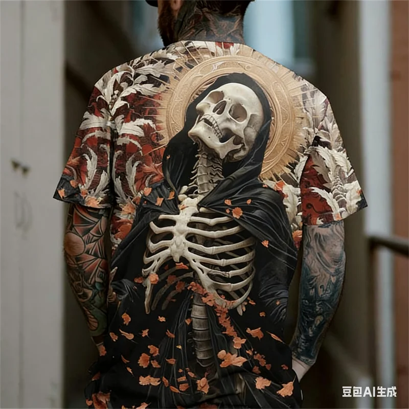 

Horror Men's T-Shirt 3D Death Skull Printed Pattern Crew Neck Short Sleeve Tees Loose Retro Summer Street Casual Men Clothing