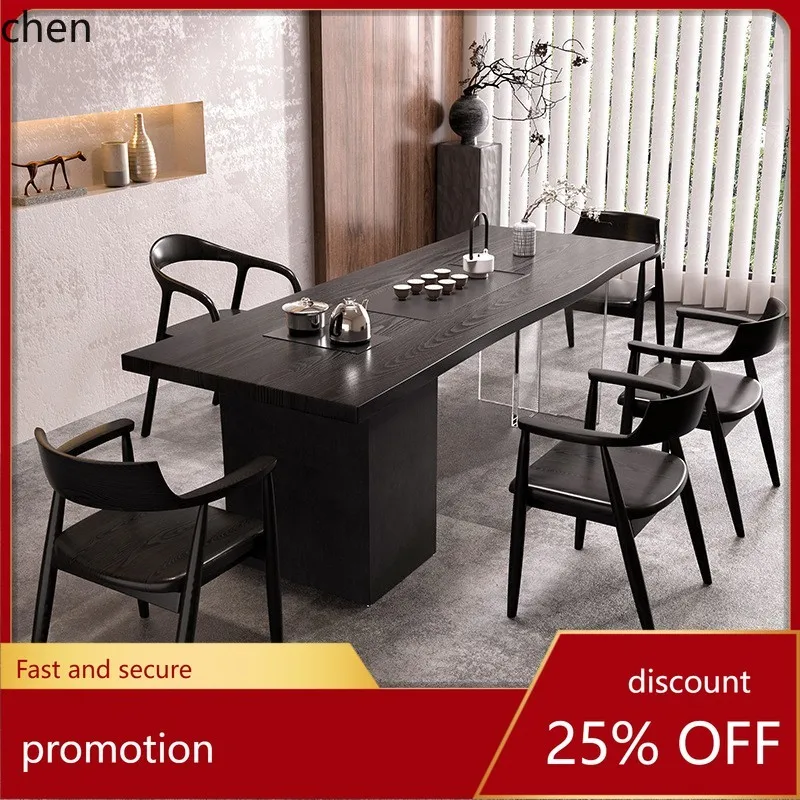 

HT Carbon Charcoal Solid Wood Dining Table Wabi-Sabi Style Large Acrylic Gradient Floating Creative Tea Table and Chair Set