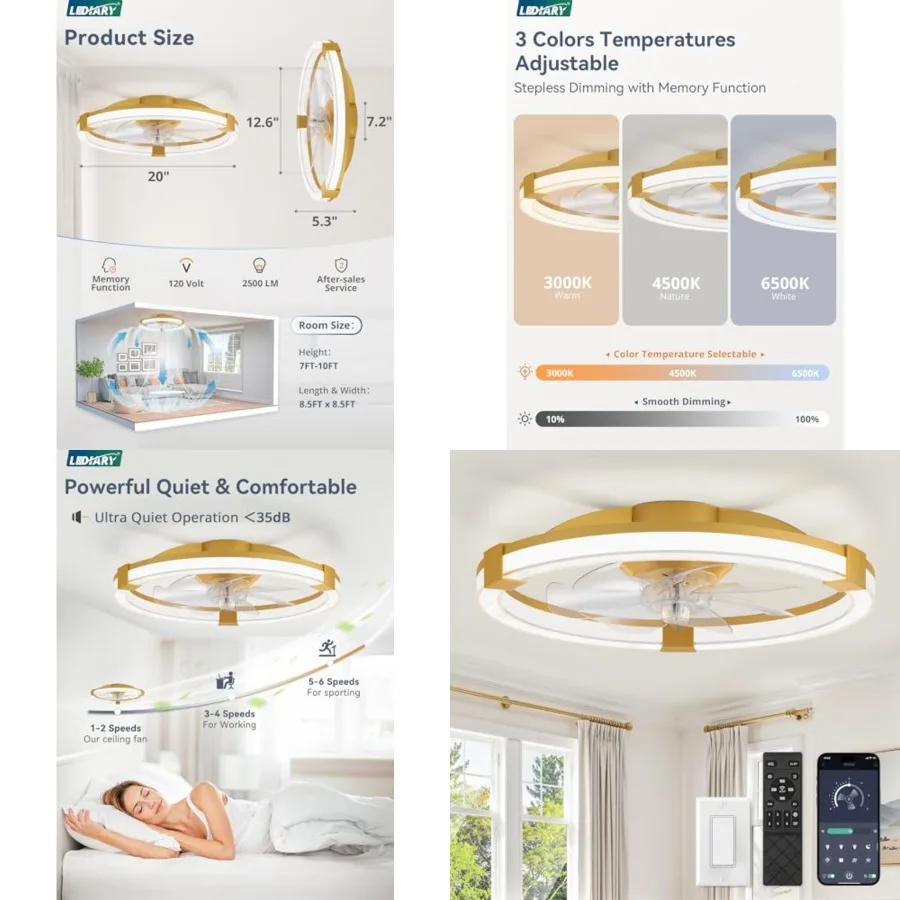 Ceiling Fans with Lights, Low Profile Ceiling Fan with Remote, 6 Speeds, Reversible, Dimmable Flush Mount Fan Light, Modern Fan