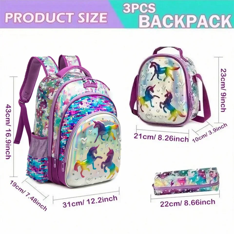 New School Bags for Girls 16 Inch Backpacks for Primary Children Sequin Backpack with Lunch Box Bag for Kindergarten Mochila