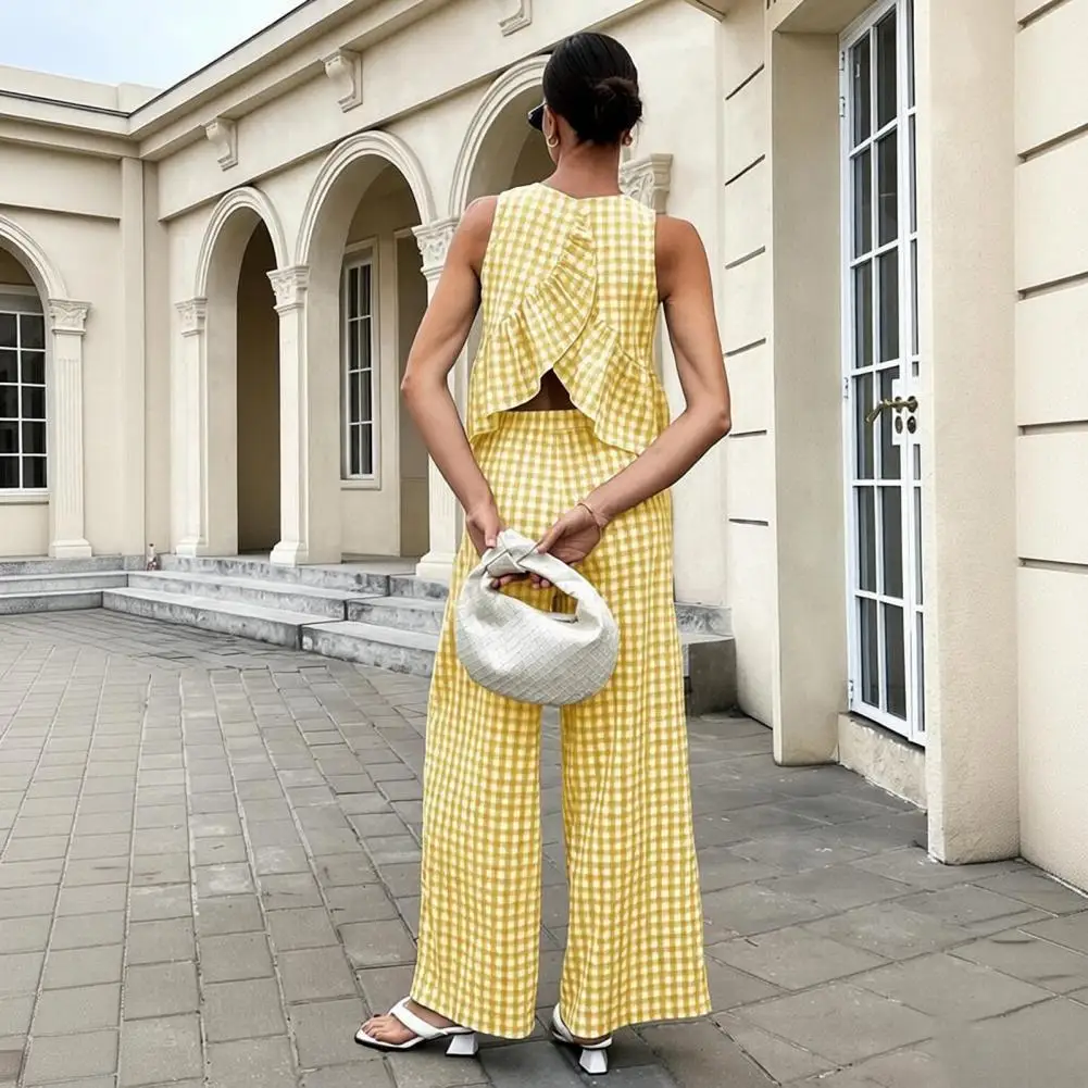 Fashion Pants Slim Fit Pants Set Women Trendy O-neck Off Shoulder Sleeveless Blouse Suit Summer New Daily Office Ruffle Outfit