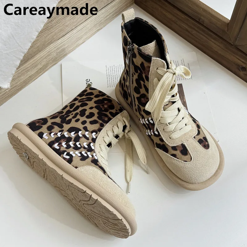 

Careaymade-женская повседневная обувь из натуральной кожи с широким носком, повседневные короткие ботинки с леопардовым принтом, зимние плюшевые теплые ботинки Fltas