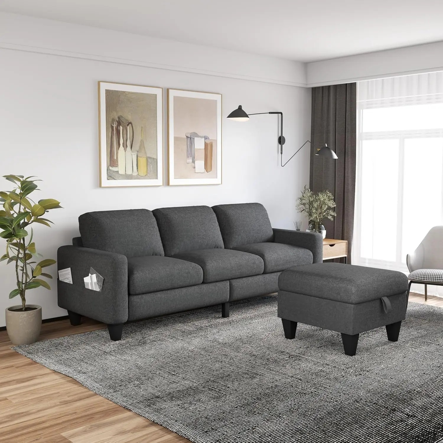 Convertible Sectional Sofa Couch, 3 Seat L Shaped Sofa Couch with Storage Movable Ottoman and Pockets, Upholstered Sofa Set