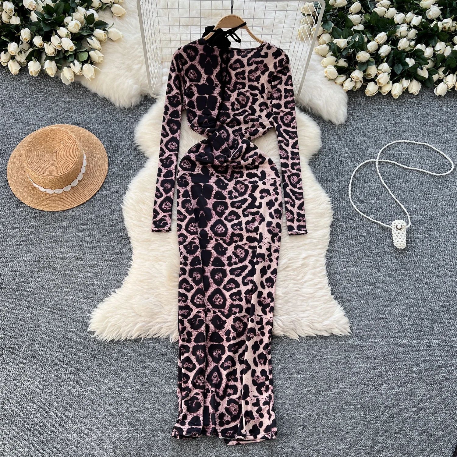 Elegant O-neck Halter Floral Vintage Long Sleeve Chic Leopard Slim Pleated Dresses French Evening High Street Autumn Clothing