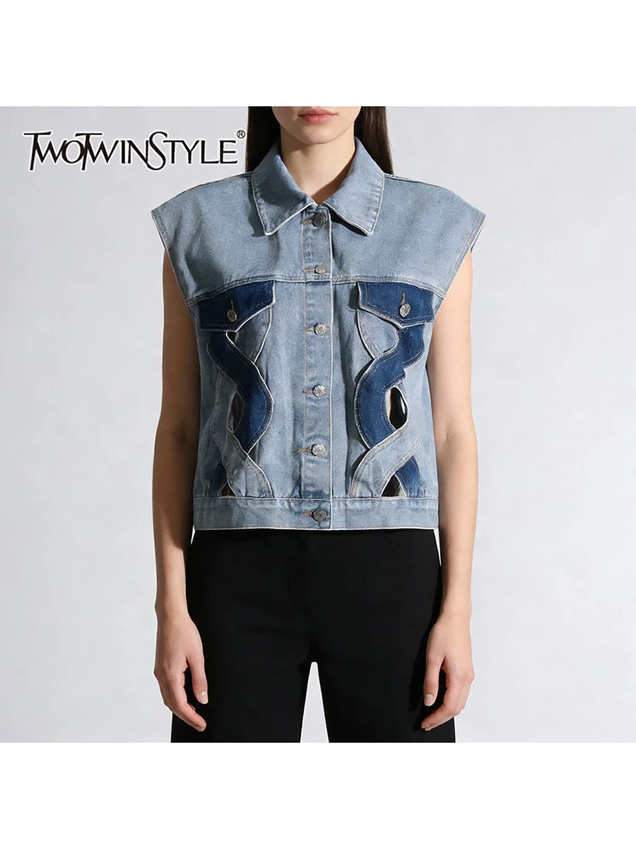 

TWOTWINSTYLE Hit Color Hollow Out Fashion Cowboy Vest for Women Lapel Sleeveless Patchwork Metal Buttons Vests Female Clothing