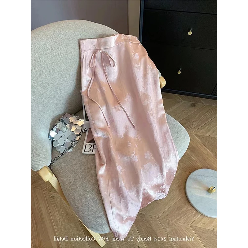 

New Chinese Jacquard Lace-Up Satin Leisure Skirt 2024 Women'S Spring Summer High Waist Drop Slimming Hip Wrap Fashion Chic Skirt