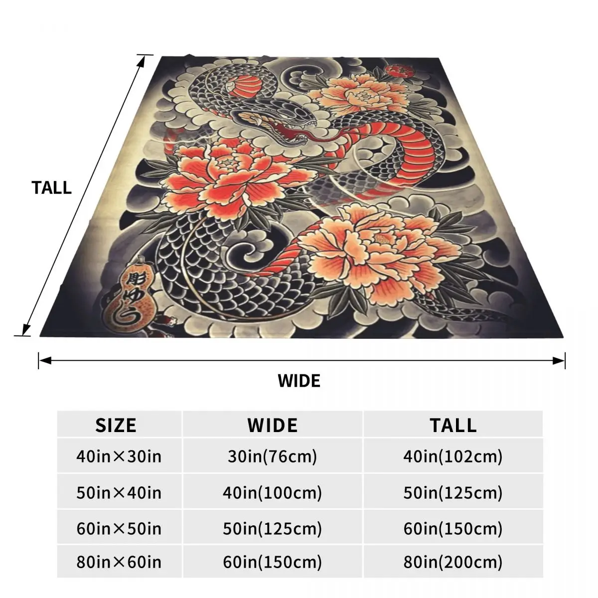 Japanese Art Tattoo Snake Peonies Flower Ink Blanket Soft Warm Flannel Throw Blanket Bedspread for Bed Travel Home Couch
