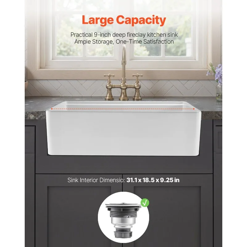 Wastafel dapur single bowl model farmhouse ukuran 32,5x20 inci, terpasang di bawah meja, warna putih fireclay