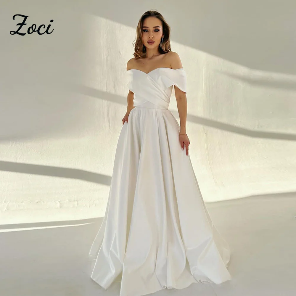 

Zoci Простые атласные свадебные платья трапециевидной формы с открытыми плечами, драпированные свадебные платья, длинное вечернее женское платье невесты по индивидуальному заказу