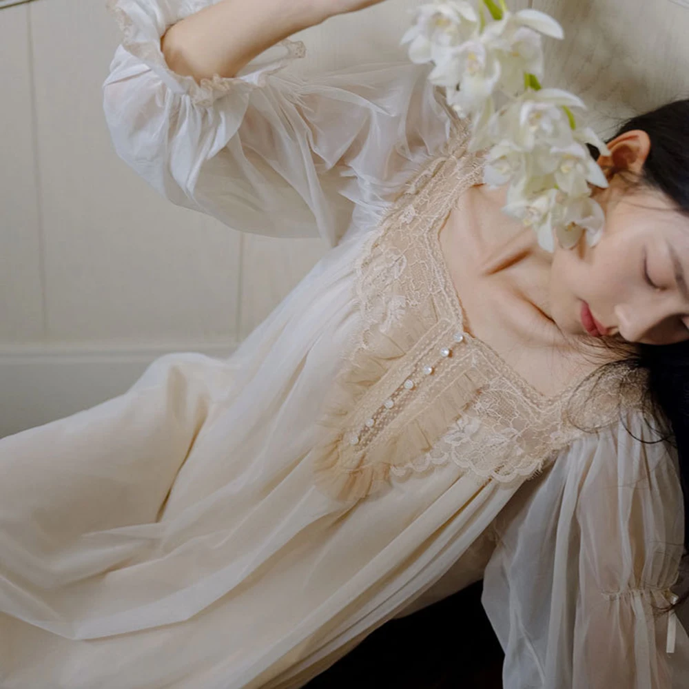 French beautiful sleeping dress for spring summer retro princess lace morning gown women nightgown nightdress robe