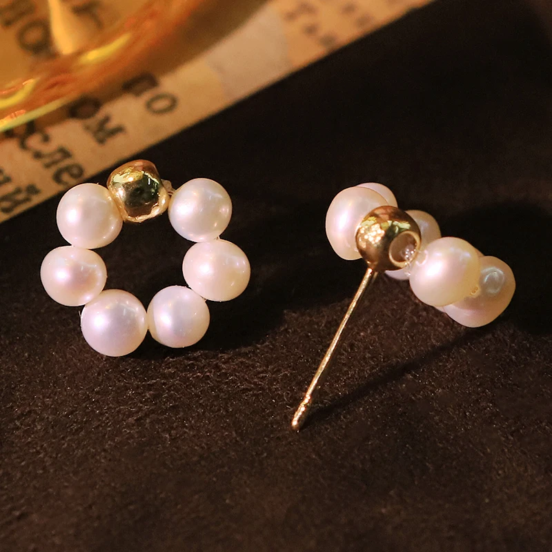 جولة لؤلؤ المياه العذبة الطبيعية النحاس الخرزة الأقراط اليدوية تصميم أقراط الزفاف المرأة مجوهرات GE1785 #3