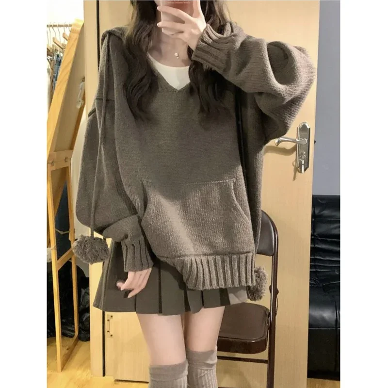 

V-Neck Sweater for Women 2024 Autumn Winter New Fashion Loose Pullover Vintage Casual Long Sleeve Solid Hooded Jumper LJ87