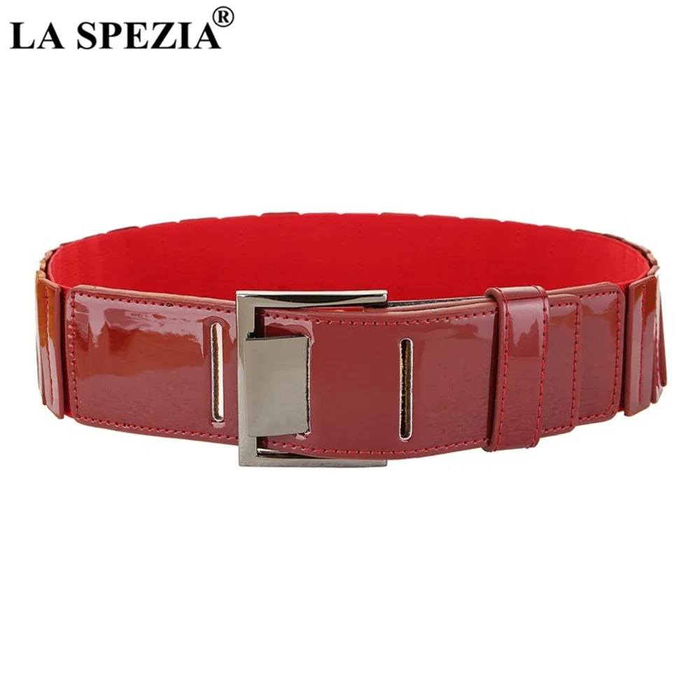 

LA SPEZIA Waist Belt Red Patent Leather Women Belt Elastic Corset Pu Leather Ladies Belts for Dresses Fashion Square Buckle