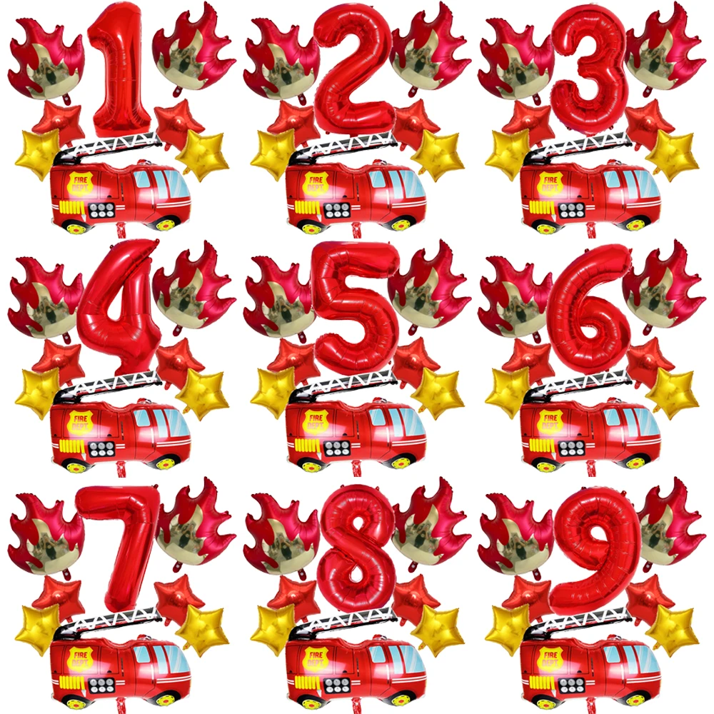 8pcs Fire Truck 32inch Number Foil Balloons 0-9 Digit Flame Star Balloon Kit Fire Engine Themed Birthday Party Decor Supplies