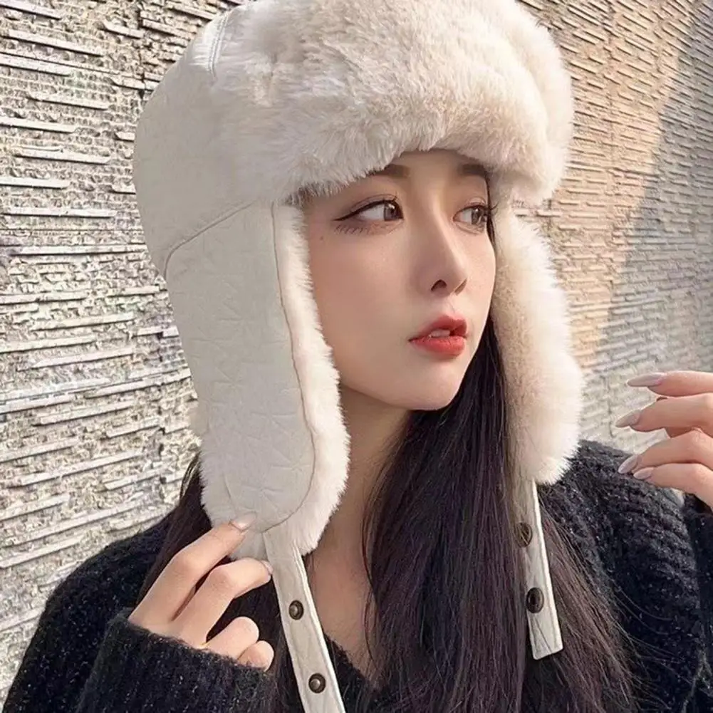 Fashion Women Winter Warm Faux Fur Bomber Hats Black White Solid Color Thicken Earflap Caps Autumn Winter Ear Protect Ski Hat