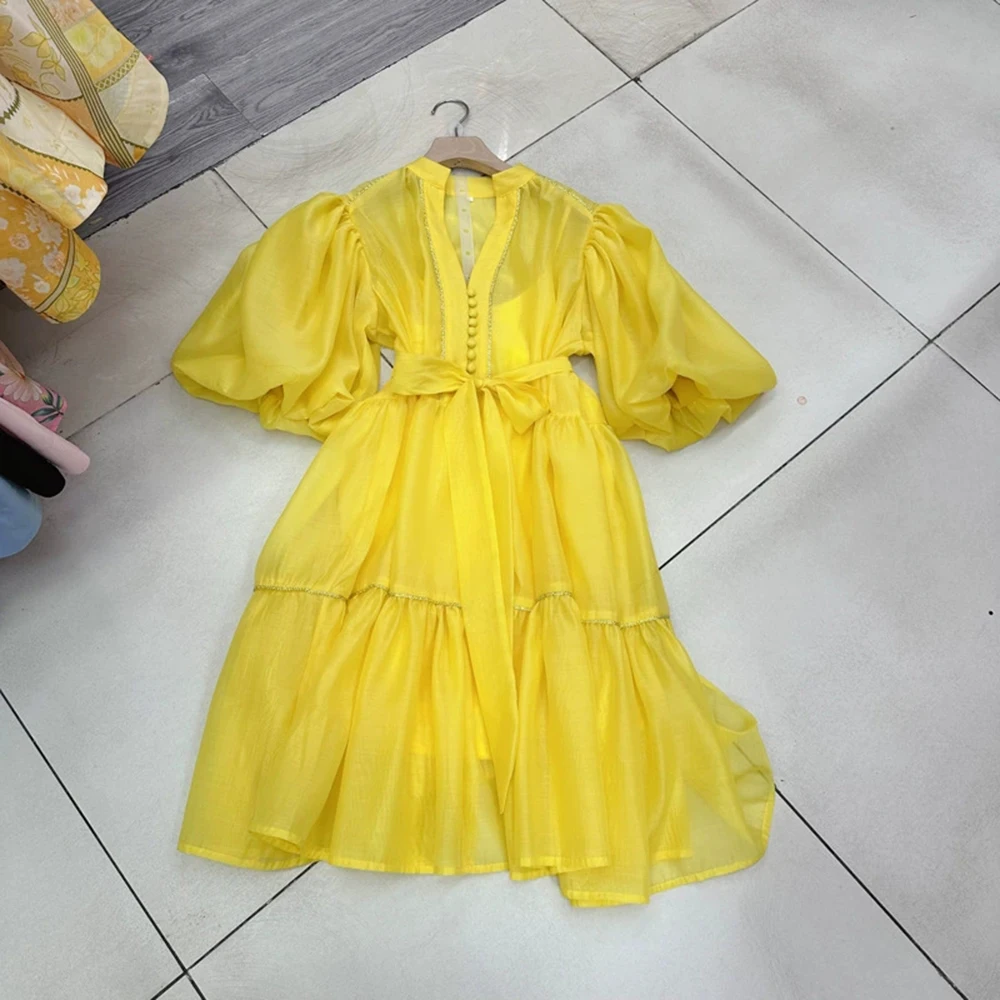 

Australian Summer Vacation V-neck Pleated Mesh Puff Sleeve Single-breasted Short Skirt Tie-belt Dress-GZXX362