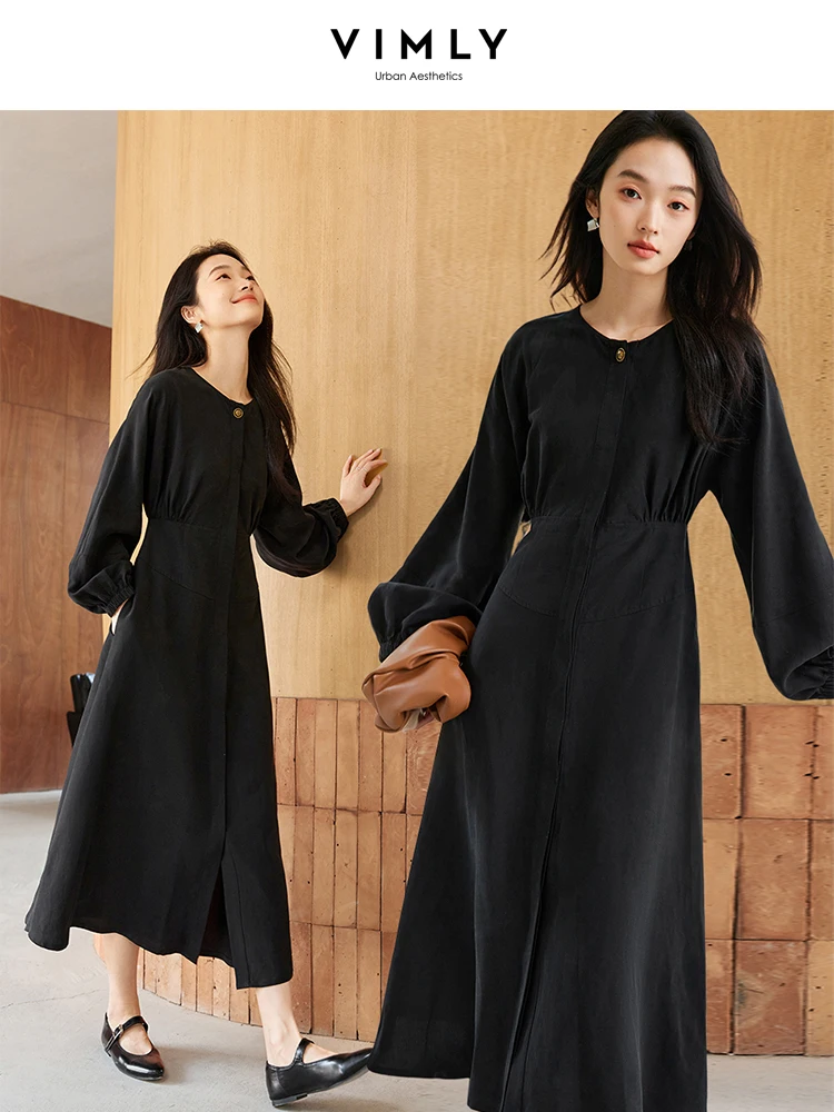 

VIMLY Women's Black Dresses Holiday Outfits Autumn 2025 Elegant French Midi Long Sleeve Dress Round Neck Female Dresses M8929