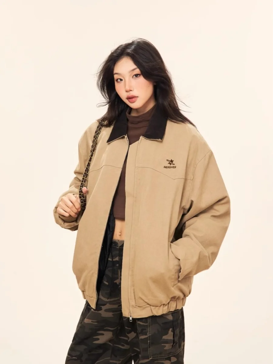 

Американская ретро Dir Розовая рабочая одежда с воротником Jaet Свободная повседневная одежда для мужчин и женщин Весна Осень Новый уличный тренд