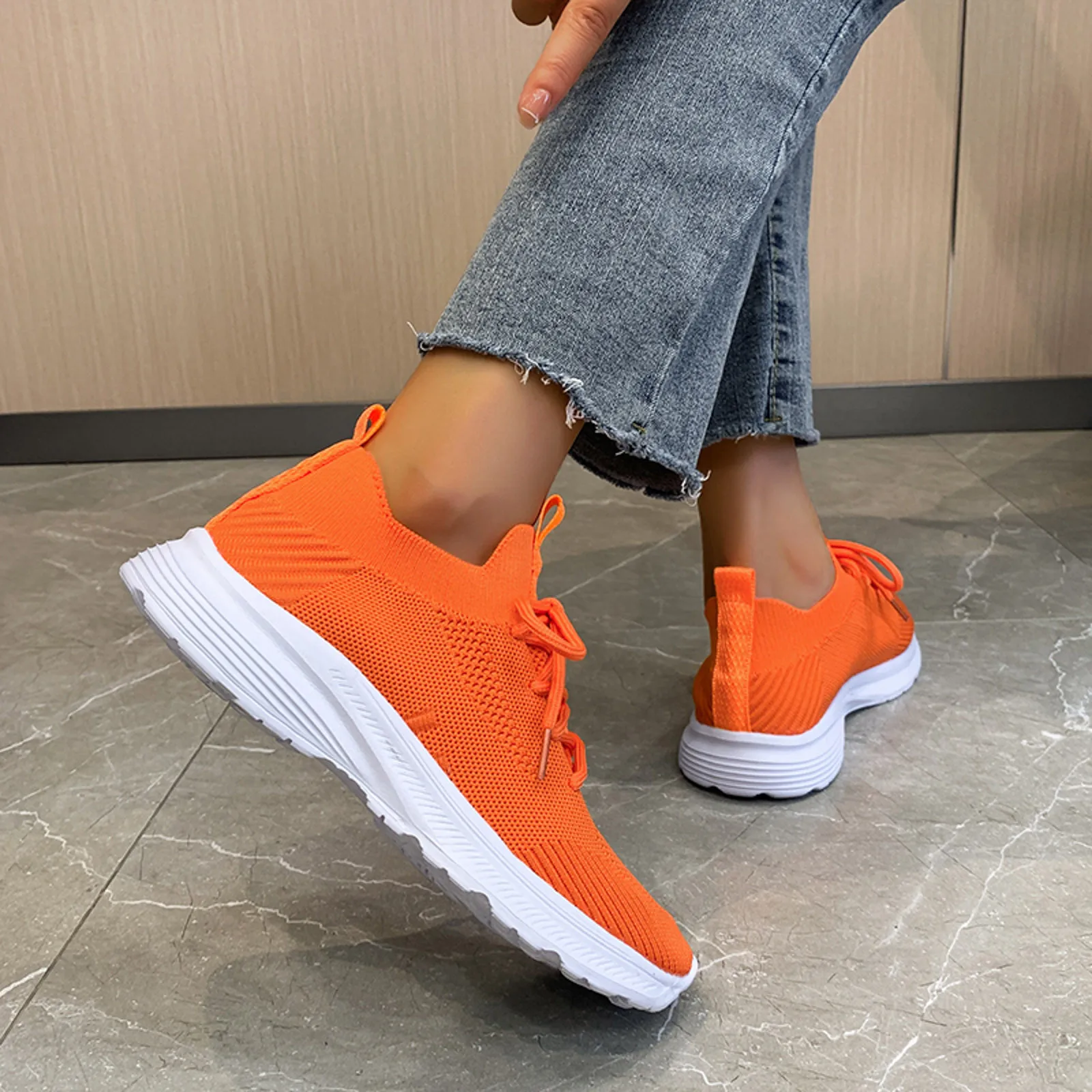 Plus Size Orange Knit Flat Shoes Women 2023 Lace Up Breathable Mesh Sneakers Woman Casual Soft Sole Sport Running Tennis Sneaker