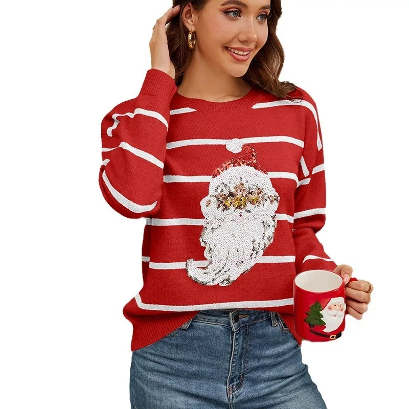 Knitted Base Sweater, Loose Sequin Embroidered Santa Claus Striped Pullover Sweater