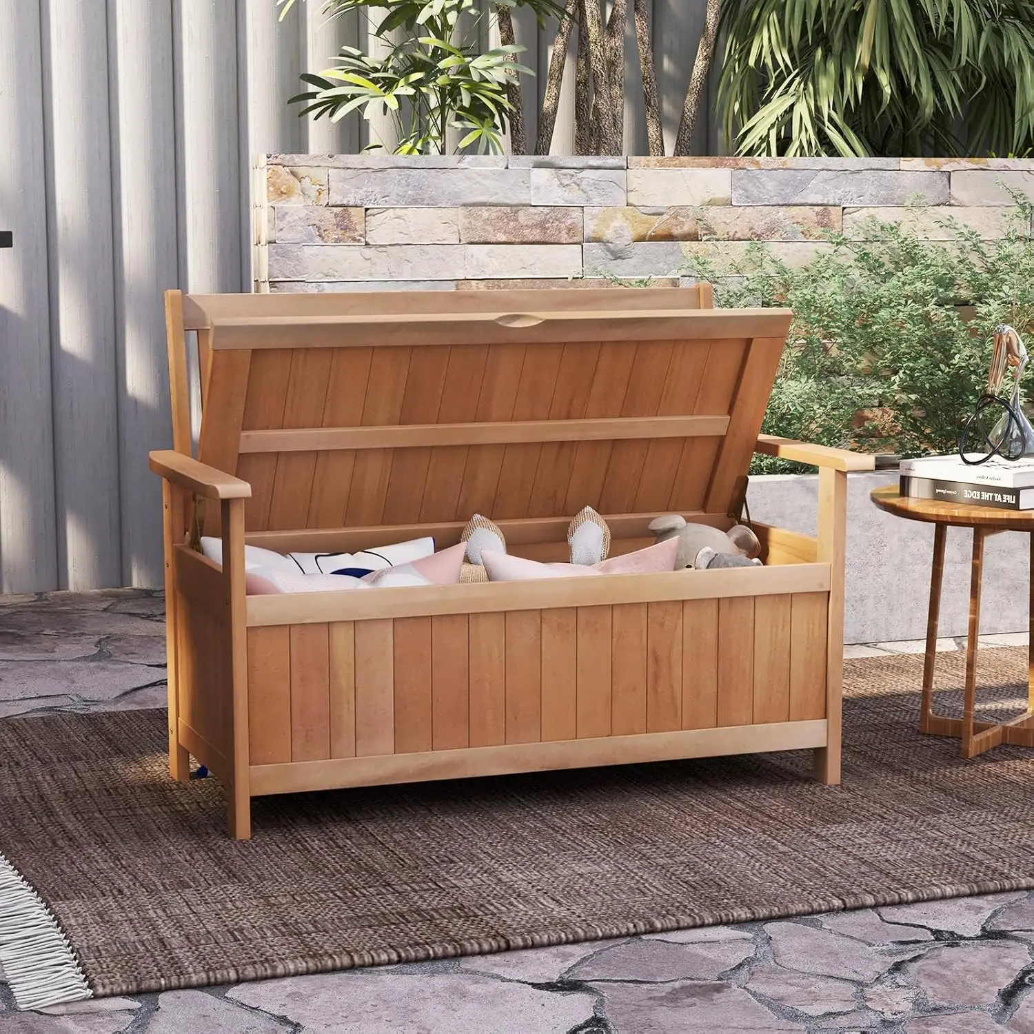 Banc de rangement en bois pour causeuse, grande boîte de pont d'entrée avec arrière-plans à lattes, siège de rangement en bois pour arrière-cour