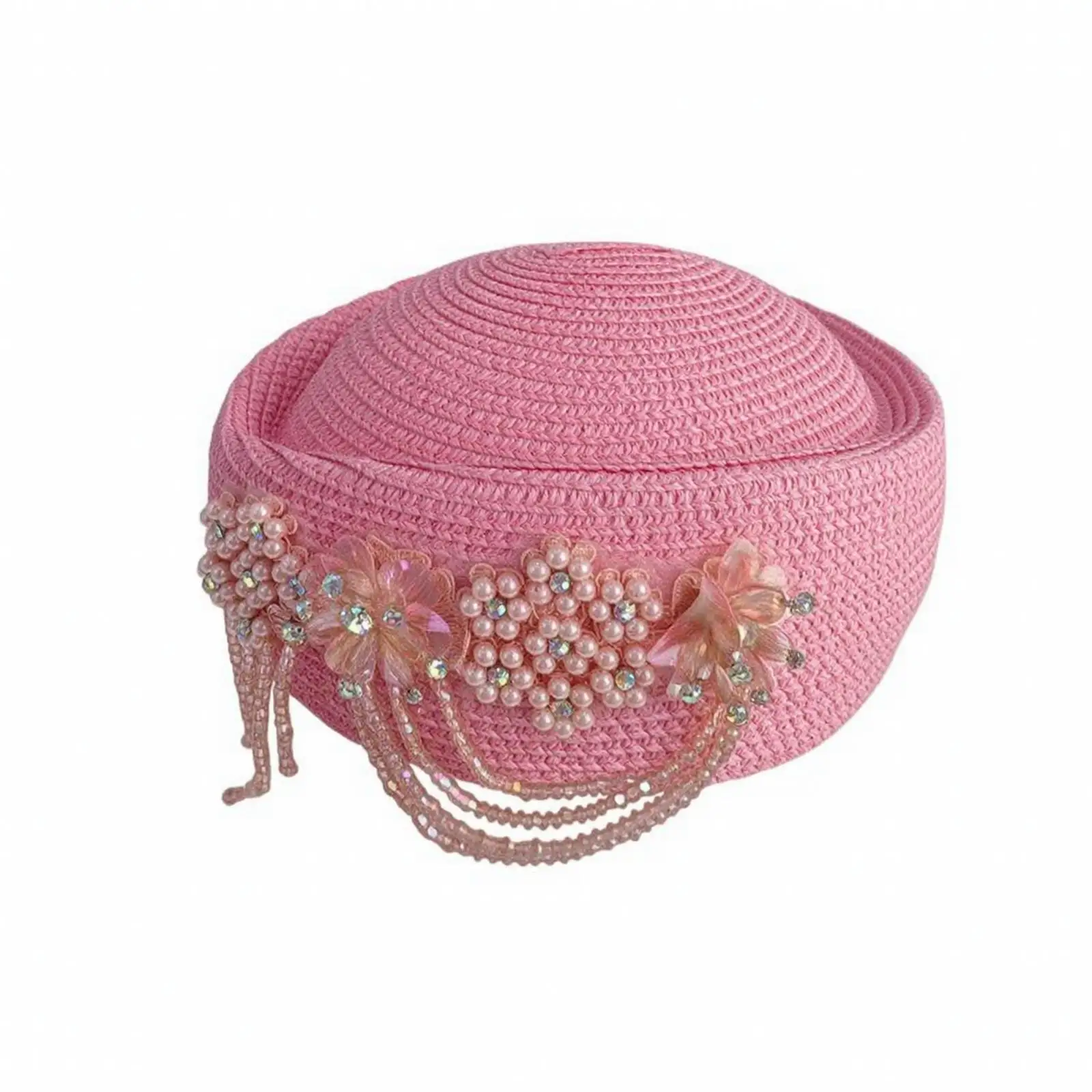 Dome Shaped Women Hat Handmade Beaded Floral Fascinator with Draped Chain for Formal Gown Stage Performance