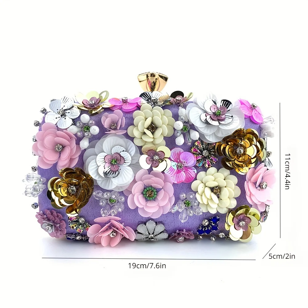 3D Beaded Flower Evening Bag, Elegant Box Clutch Purse, Women\'s Wedding Handbags For Party Prom