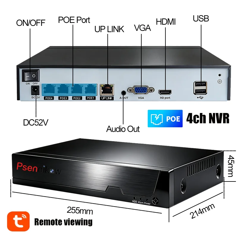 Psennikow Tuya NVR H.265 4CH Smart PoE 8MP Security IP Camera Video Surveillance CCTV System Remote Viewing Network Recorder