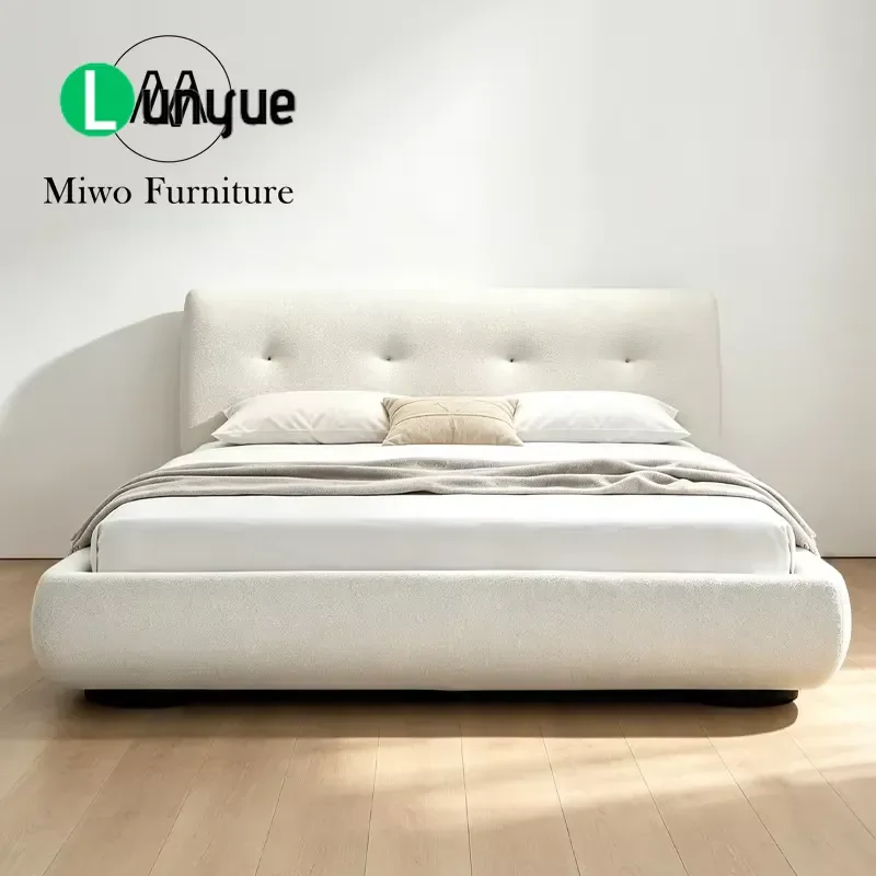 Modern White Teddy Fleece Upholstered Bed Frame Tufted Wing Headboard King Size Double Bed for Home Bedroom Furniture