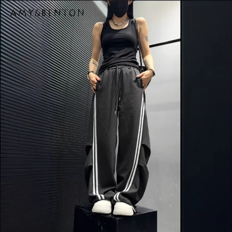 

Y2k Casual Pants Women's Autumn New Stylish Striped Pleated Loose Fleece Lined Drawstring Curved Slacks Fashion Long Trousers