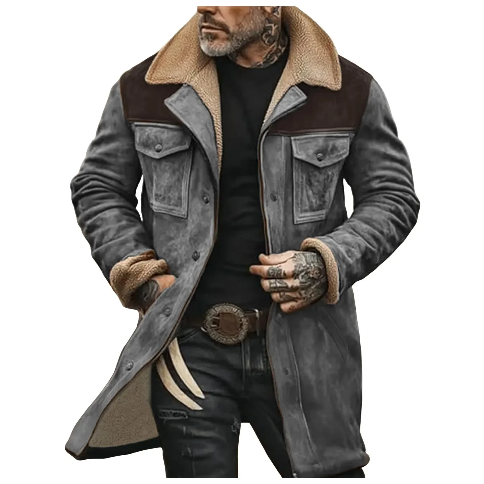 With Multiple Pockets And Zippered Retro Coats Men'S Winter Jacket 2026 Medium Long Leisure Suede Color Blocked Cotton Jacket