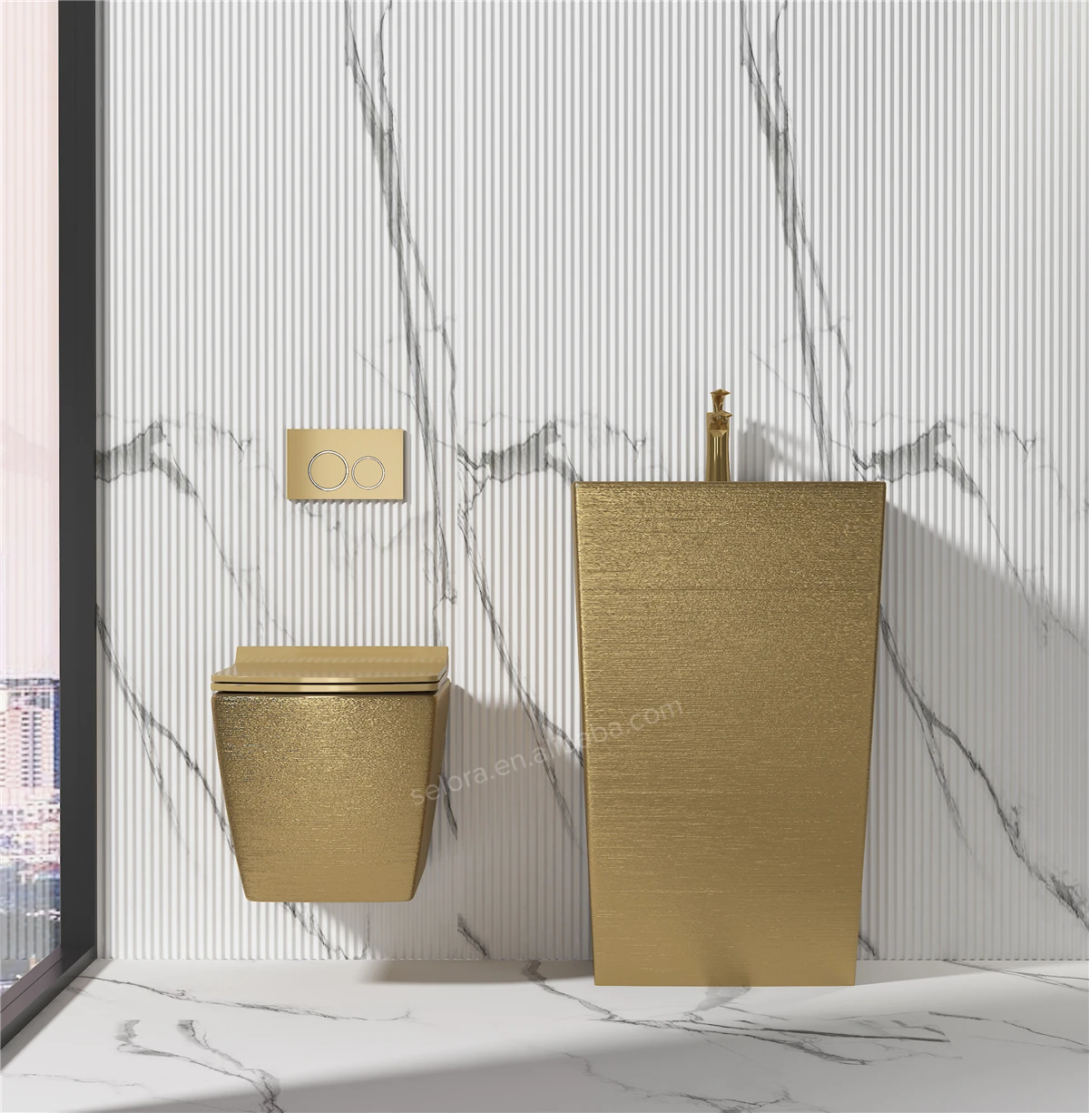 Brush electroplated golden modern hotel bathroom sanitary ware luxury wall hung wc pedestal basin sink ceramic gold toilet set