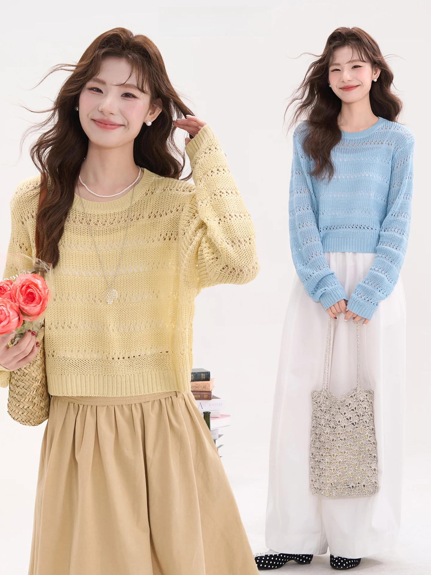 

Heme Orange Network White Hollow out round Ne Knitted Sweater Women's Spring Casual ort Top Korean Sle Soft Acrylic