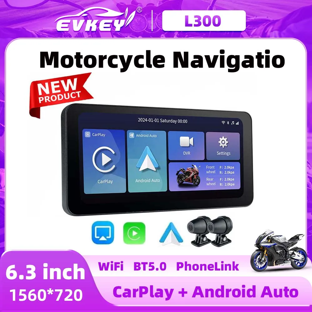 

EKIY 6.3" Motorcycle DVR Dual Lens Dash cam Recorder Wireless Carplay Android auto Wifi Rear Camera Built-in Dual Bluetooth