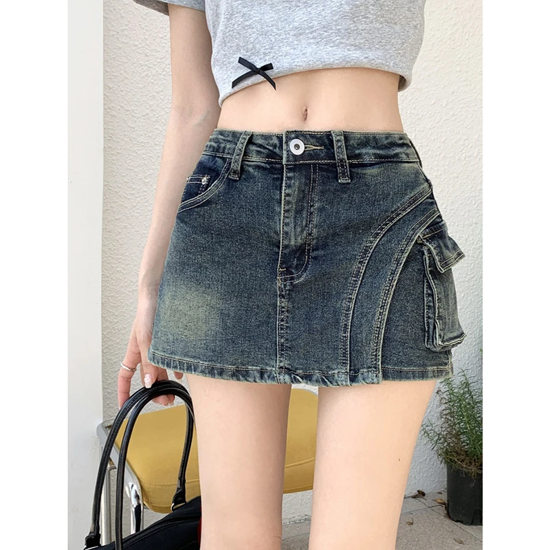 American retro package hip denim half-body skirt shorts female 2024 new design high waist a-line denim skirt shorts tide