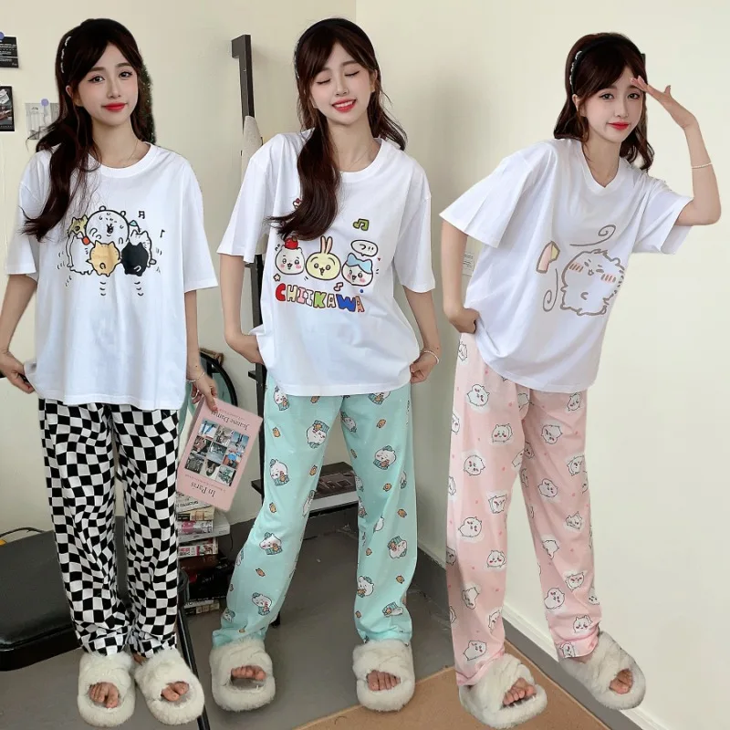 MINISO Co Branded Self Deprecating Bear Pajamas Anime Kawaii Womens Chikawa Round Neck Short Sleeve Long Pants Cute Cartoon Set