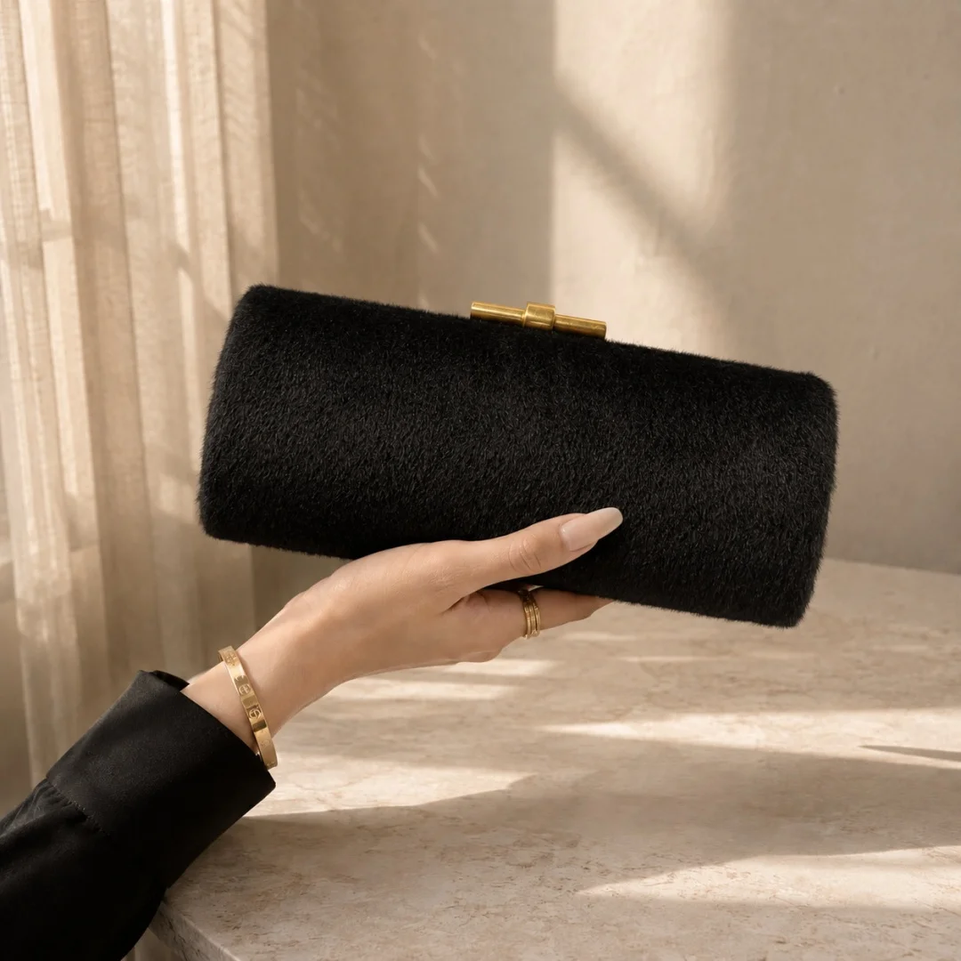 Elegant Furry Cylinder Frame Clutch Bag Leopard Print Solid Black Evening Handbag Metal Chain Purse For Cocktail Wedding Party