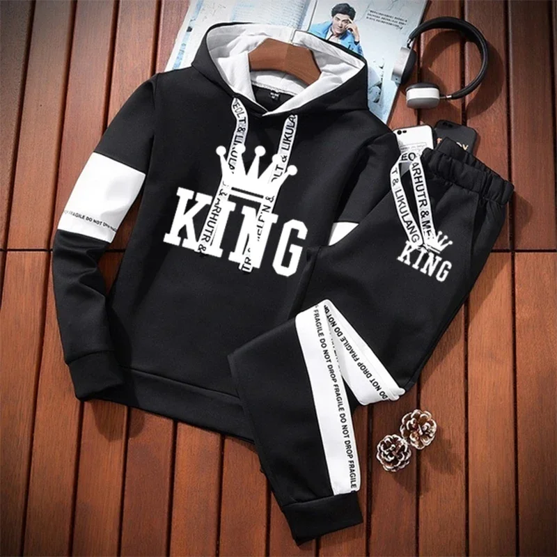 King Mens Tracksuit Casual Classic Black White Hooded Sweatshirt Sweatpants 2 Piece Set Jogging High Quality Fashion Print Suit