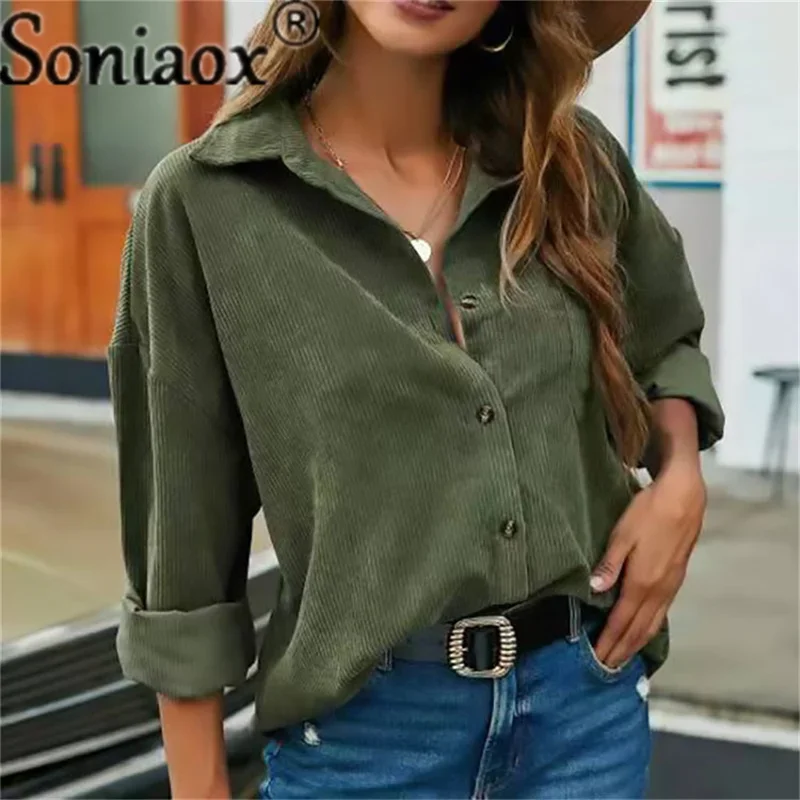 Corduroy Shirt Women Solid Color Long Sleeve Turn-Down Collar Casual Loose Fashion Tops Ladies Streetwear Shirt Vintage Clothes