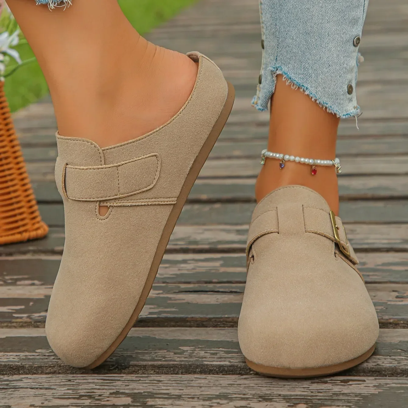 Modische Damen Wildleder-Mules Hausschuhe 2026 Damen Clogs mit Korksohle Sandalen mit Fußgewölbestütze Outdoor-Strand-Slides Hausschuhe für Damen – Detail 19