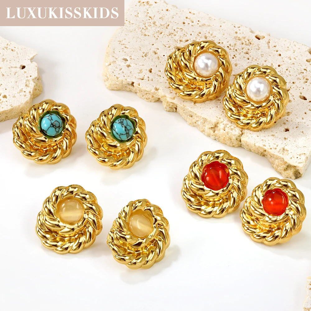 

LUXUKISSKIDS Luxury Metal Twist with White Imitation Pearl Red Stone Charms Stud Earrings Stainless Steel Gold Plated Jewellry